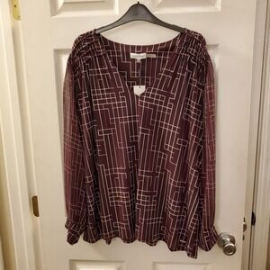 Calvin Klein 2X burgundy geometric print sheer slv top NWT career office casual